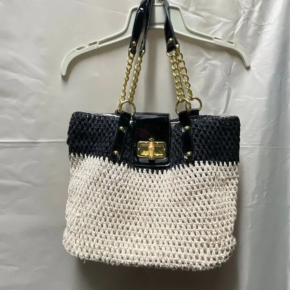 Pritzi black and natural woven tote leather and cotton